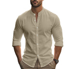 Herren Langarm-Hemd mit modernem Henley-Kragen und kontrastierenden Knopfdetails R&B