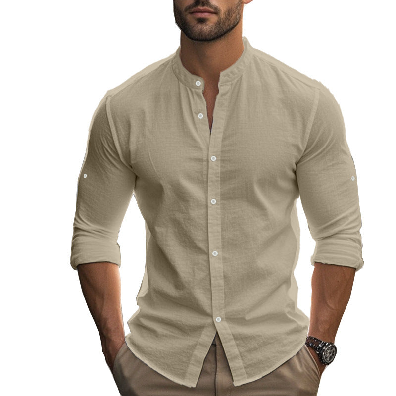 Herren Langarm-Hemd mit modernem Henley-Kragen und kontrastierenden Knopfdetails R&B