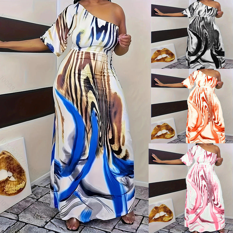 Damen Maxikleid mit asymmetrischem Ausschnitt und modernem Wellenmuster R&B
