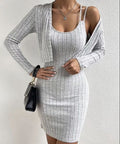 Damen figurbetontes Rippkleid mit kurzem Cardigan R&B