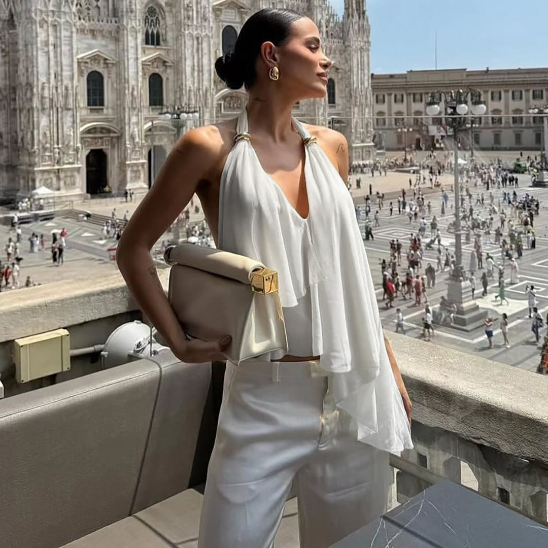 Damen Fließendes Chiffon-Oberteil mit elegantem V-Ausschnitt und Raffungen R&B