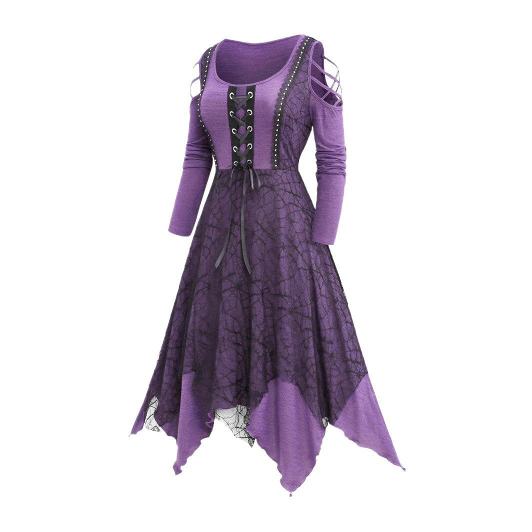 Damen Gothic Maxikleid mit Spitzenbesatz und Schnürung R&B