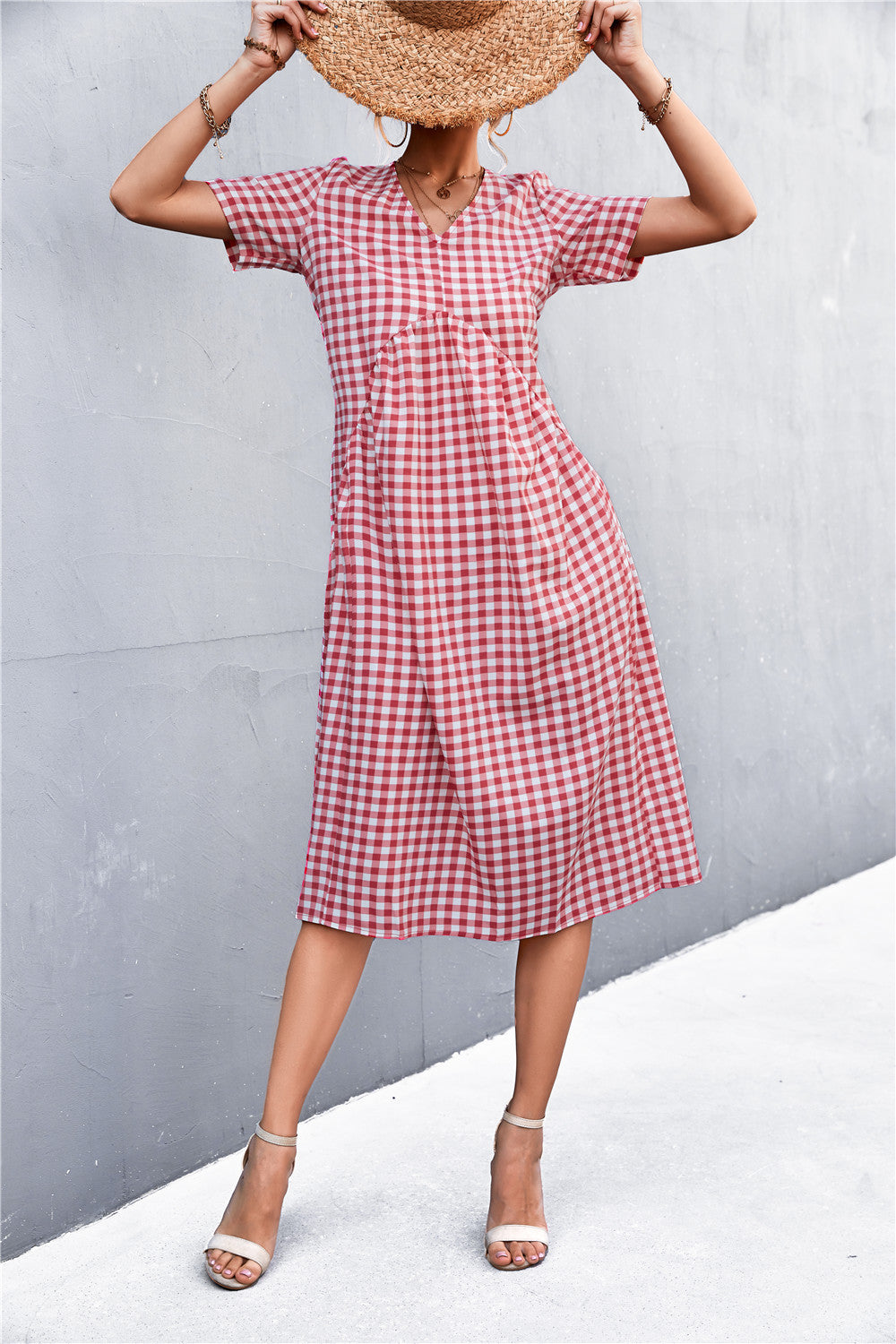 Damen V-Ausschnitt Midikleid mit kariertem Design und ausgestelltem Rock R&B