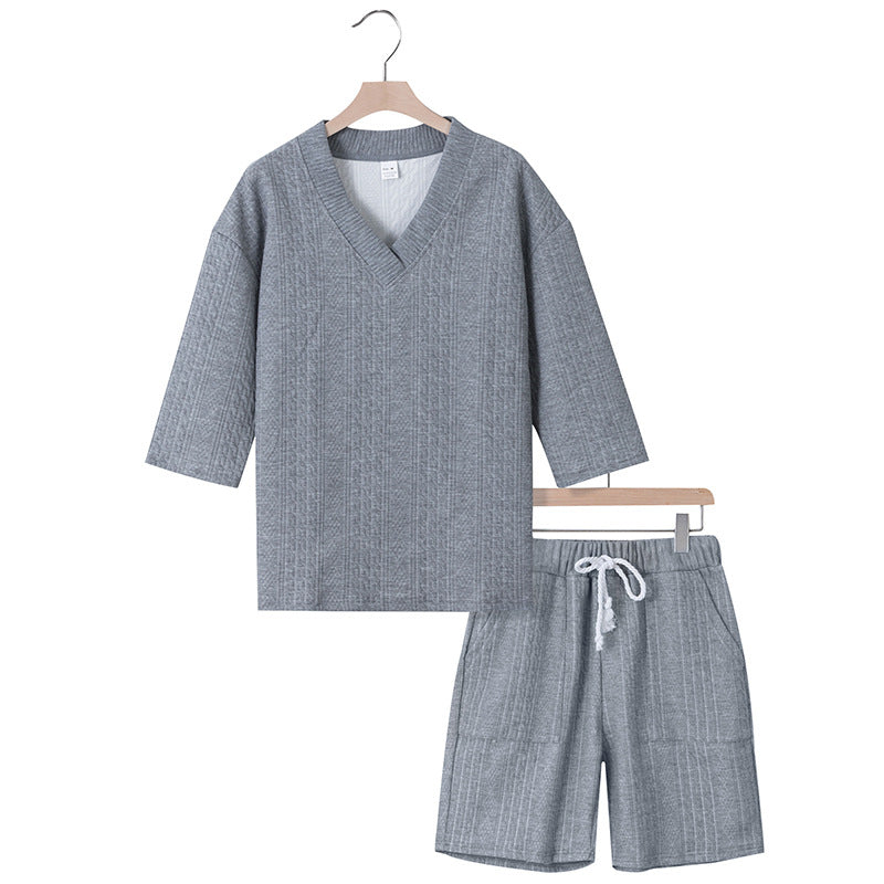 Unisex nan lässiges Lounge-Set mit V-Ausschnitt-Oberteil und Kordelbund-Shorts R&B