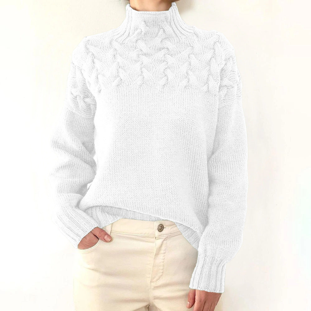 Damen Strickpullover mit hochgeschlossenem Kragen und trendigem Zopfmuster R&B