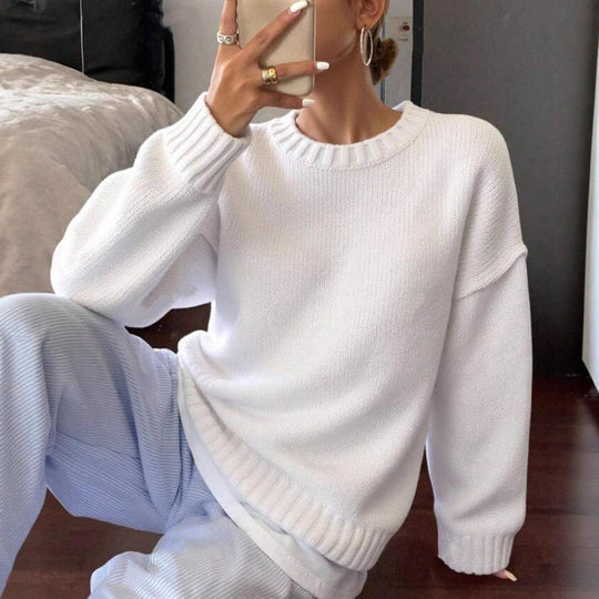 Damen lässiger und oversized Strickpullover mit Rundhalsausschnitt R&B