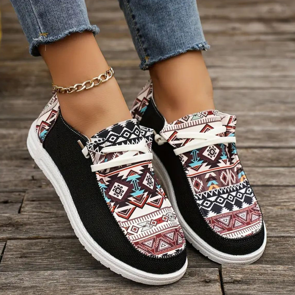 Damen Bequeme Sneaker mit buntem Tribal-Muster und elastischen Schnürsenkeln R&B