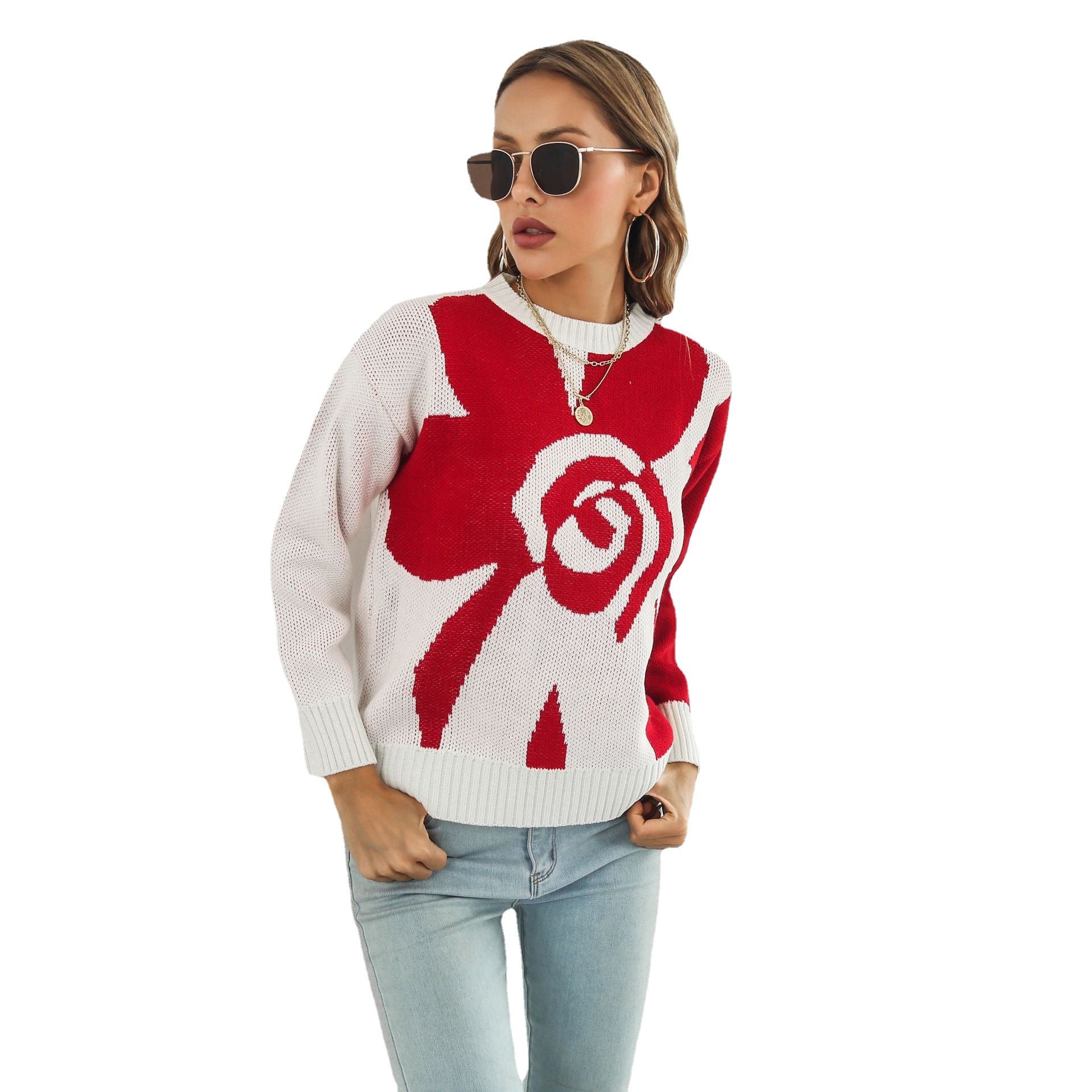 Damen Modischer Strickpullover mit floralem Muster und lässigem Schnitt R&B