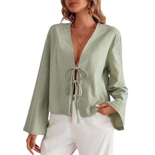 Damen lässige Bluse mit tiefem V-Ausschnitt und schnürbarem Detail R&B