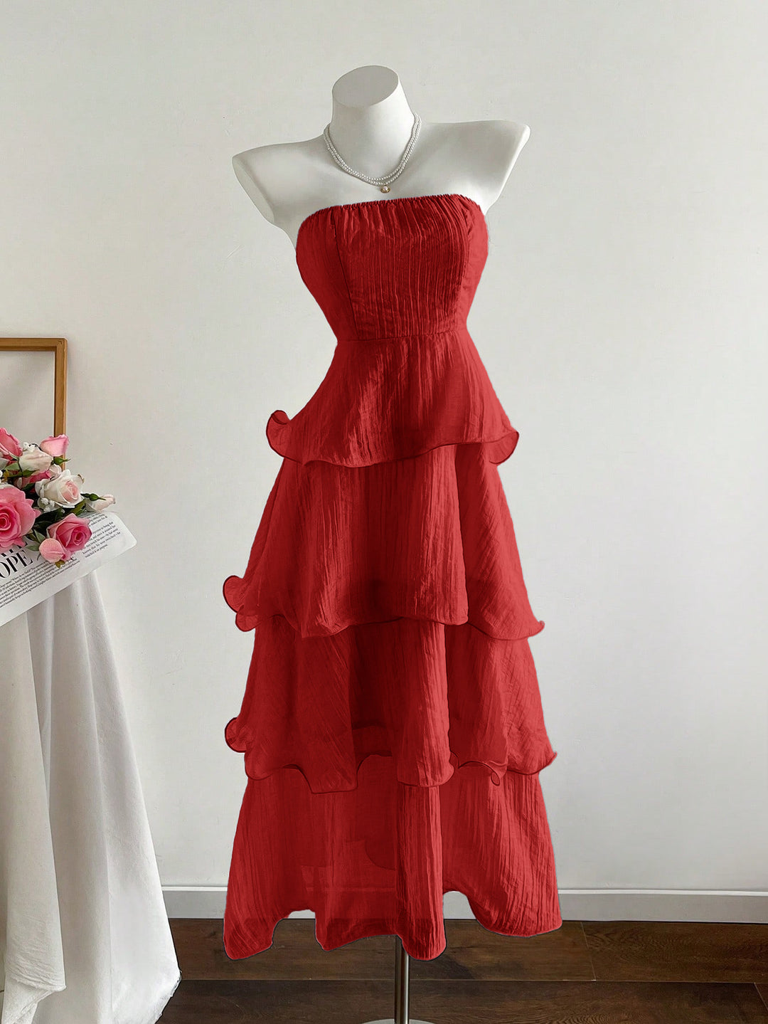 Damen langes Strandkleid mit voluminösen Rüschendetails R&B