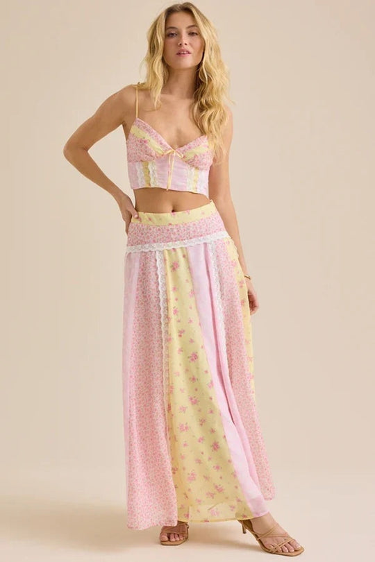 Damen nan romantisches Crop-Top mit Spaghettiträgern und gestuftem Patchwork-Maxirock R&B