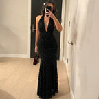 Damen Elegantes Maxikleid mit tiefem Ausschnitt und voluminösem Rock R&B