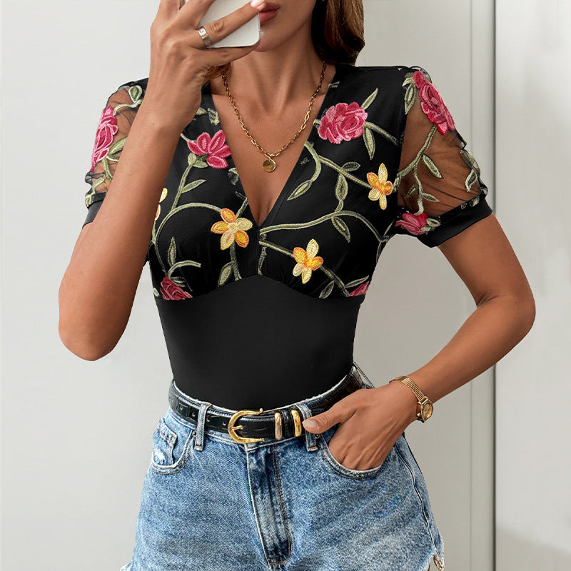 Damen Body mit floralem Spitzenbesatz und V-Ausschnitt R&B