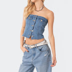Damen Jeans-Top mit ärmellosem Design und Knopfleiste R&B