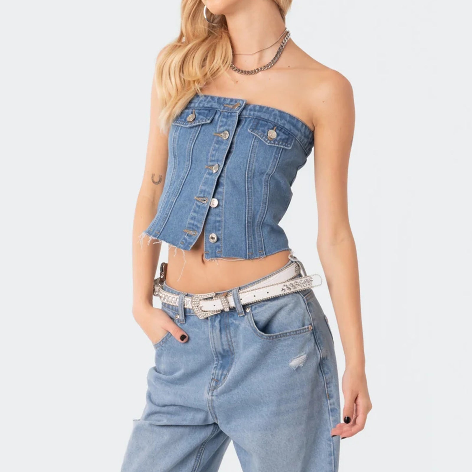 Damen Jeans-Top mit ärmellosem Design und Knopfleiste R&B