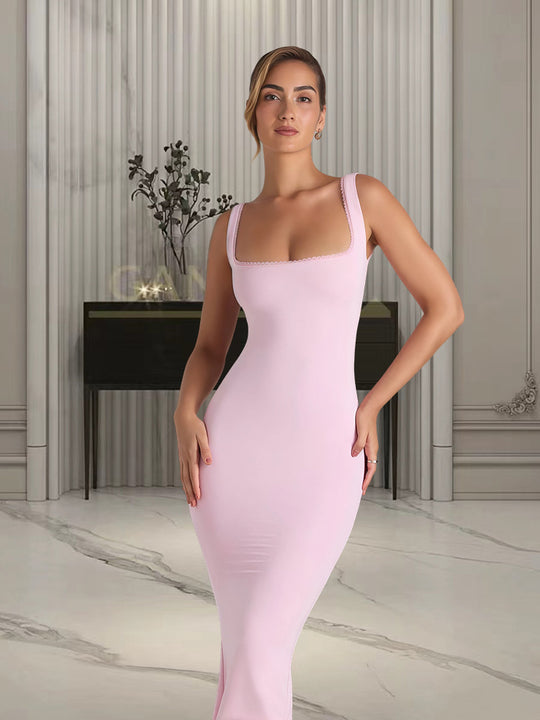 Damen Figurumspielendes Midi-Kleid mit quadratischem Ausschnitt und schmalem Schnitt R&B