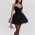 Damen Tüll Cocktailkleid mit tiefem V-Ausschnitt und voluminösem Rock R&B