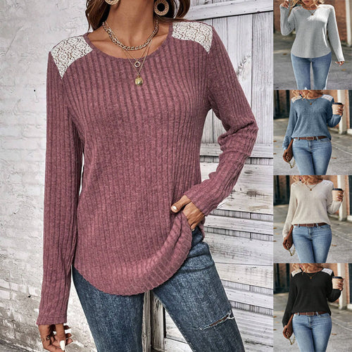 Damen Langarmshirt mit feinen Rippdetails und Spitzenakzenten R&B