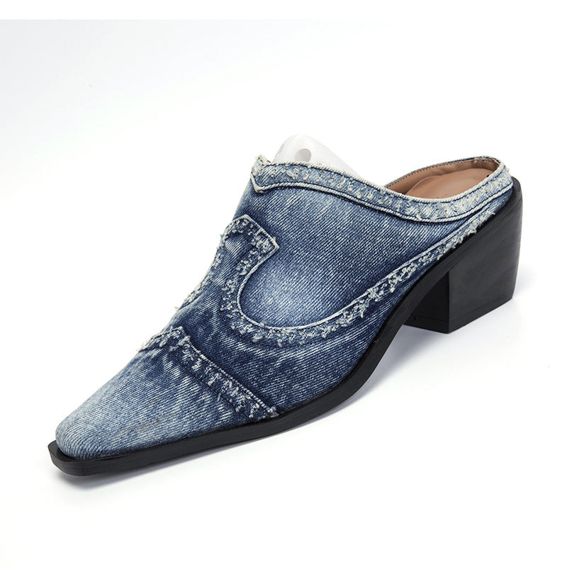 Damen nan Jeans-Slipper mit spitzer Zehenkappe, fransiger Kantenverarbeitung und mittelhohem Blockabsatz R&B