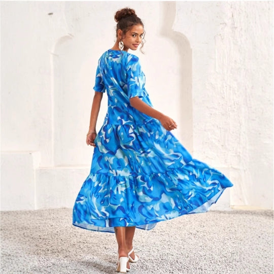 Damen Maxikleid mit voluminösen Rüschen und modischem V-Ausschnitt R&B