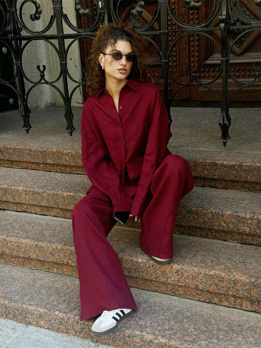 Damen luftiges Leinen-Set mit weit geschnittenem Hemd und Hose R&B