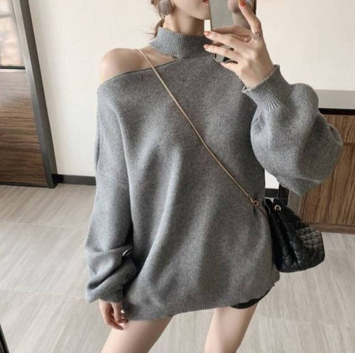 Damen Oversized Pullover mit schulterfreiem Design und hohen Kragen R&B
