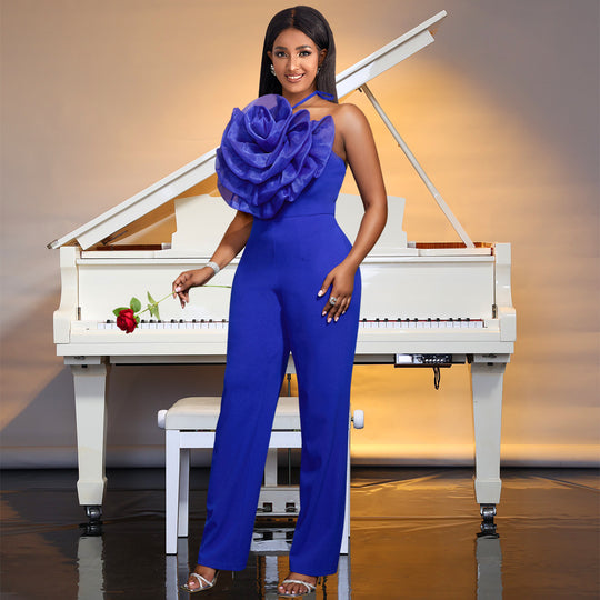 Damen eleganter Jumpsuit mit voluminösem Blumenkragen R&B