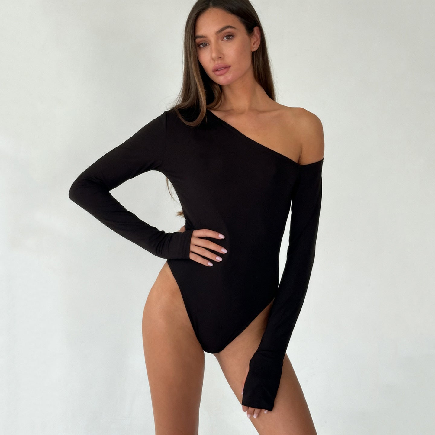 Damen eleganter Body mit langen Ärmeln und weitem Halsausschnitt R&B