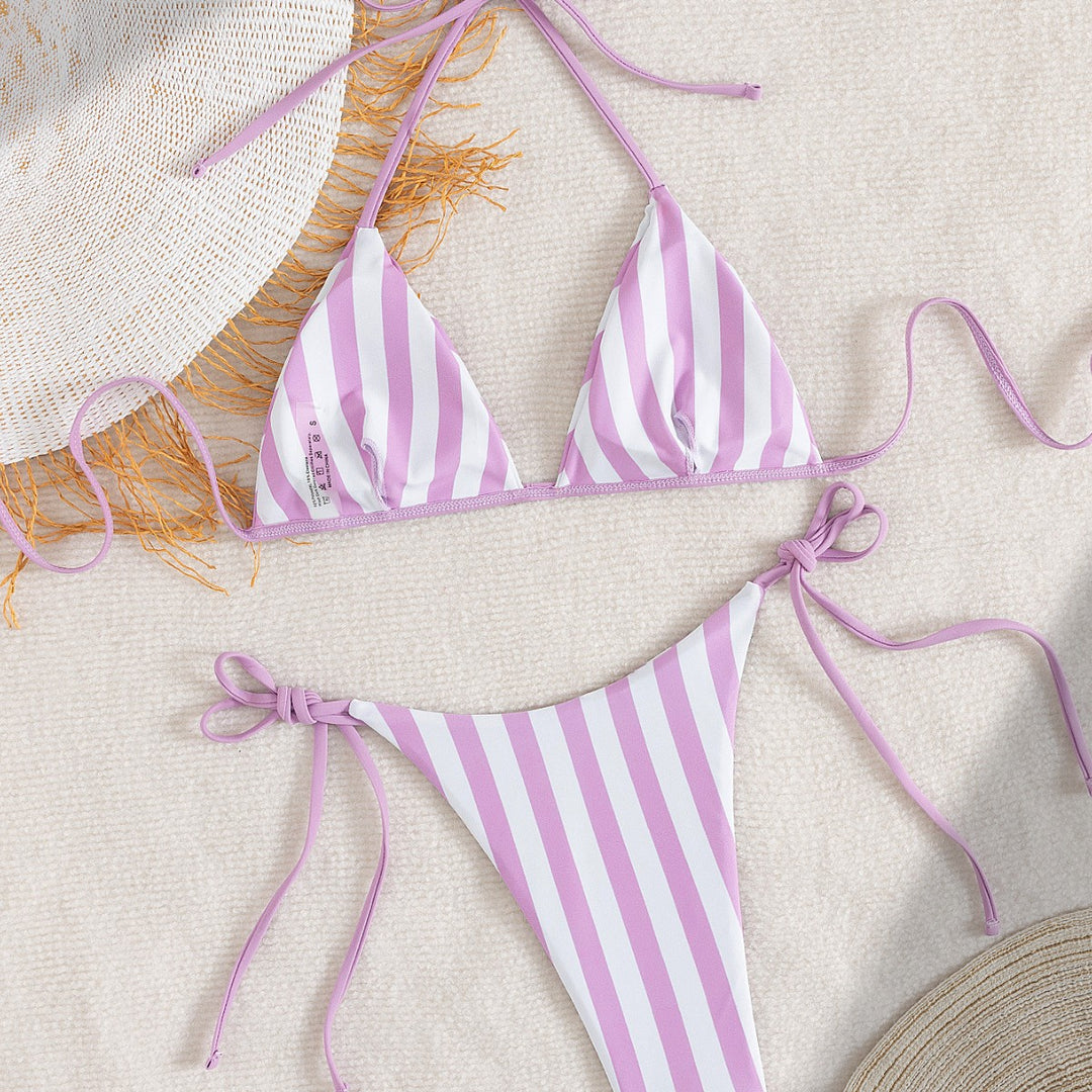 Damen Triangel-Bikini mit trendigen Streifen und verspielten Bindebändern R&B