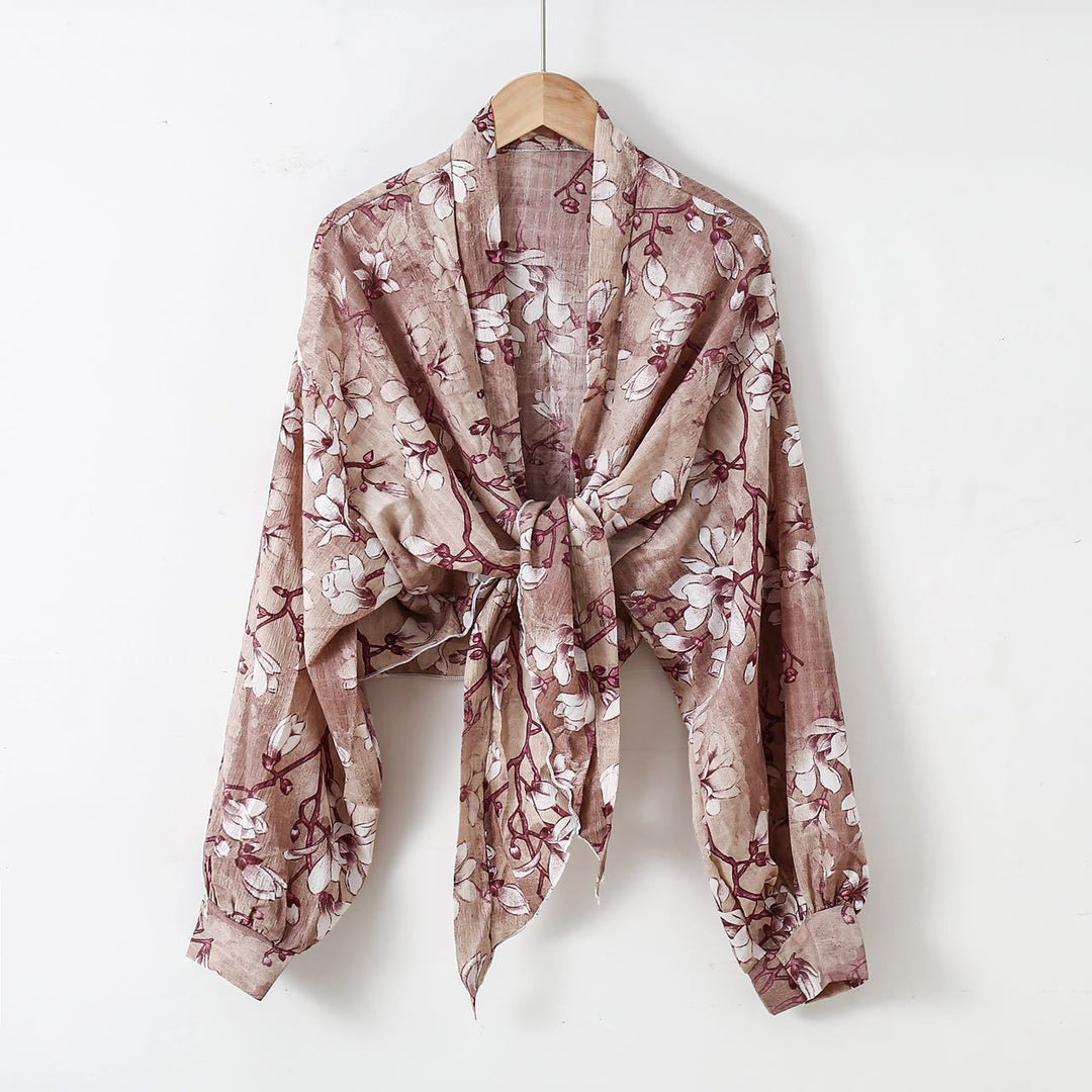 Damen nan florale Knoten-Bluse im Wickelstil mit Ballonärmeln und leichter Leinenoptik R&B