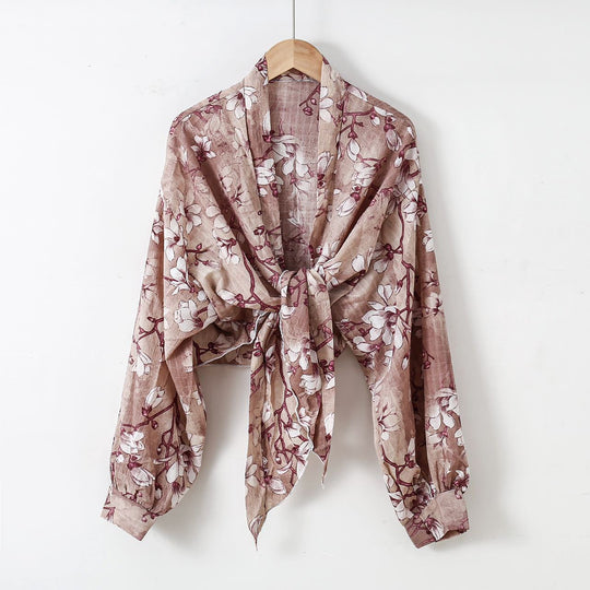 Damen nan florale Knoten-Bluse im Wickelstil mit Ballonärmeln und leichter Leinenoptik R&B