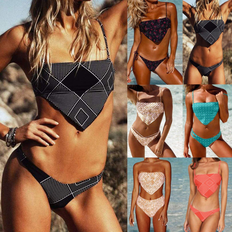 Damen Bandeau-Bikini mit grafischem Design und verstellbaren Trägern R&B