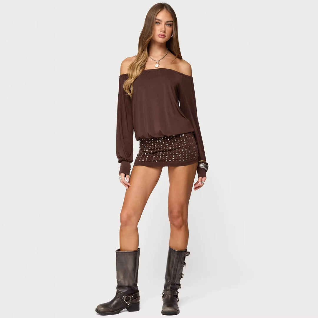 Damen Off-Shoulder Top mit eleganten langen Ärmeln und figurbetontem Rock R&B
