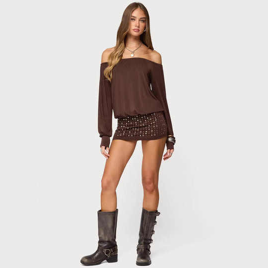 Damen Off-Shoulder Top mit eleganten langen Ärmeln und figurbetontem Rock R&B