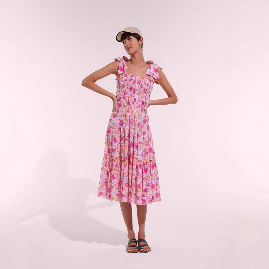 Damen Maxikleid mit floralem Rüschendesign und elastischem Oberteil R&B