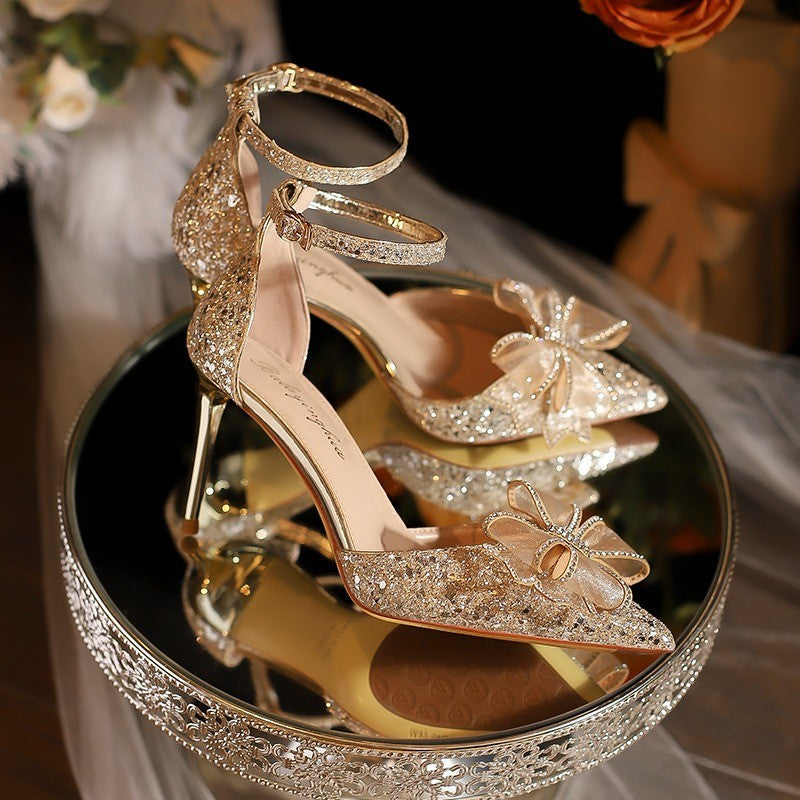 Damen elegante High-Heels mit funkelndem Strass und Schleifenakzent R&B