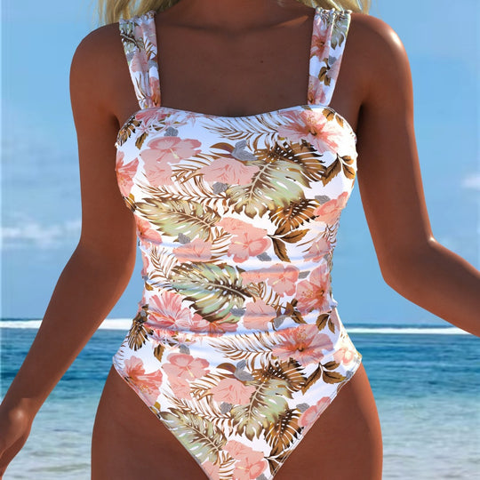 Damen Einteiliger Badeanzug mit floralen Akzenten und breiten Trägern R&B
