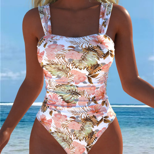 Damen Einteiliger Badeanzug mit floralen Akzenten und breiten Trägern R&B