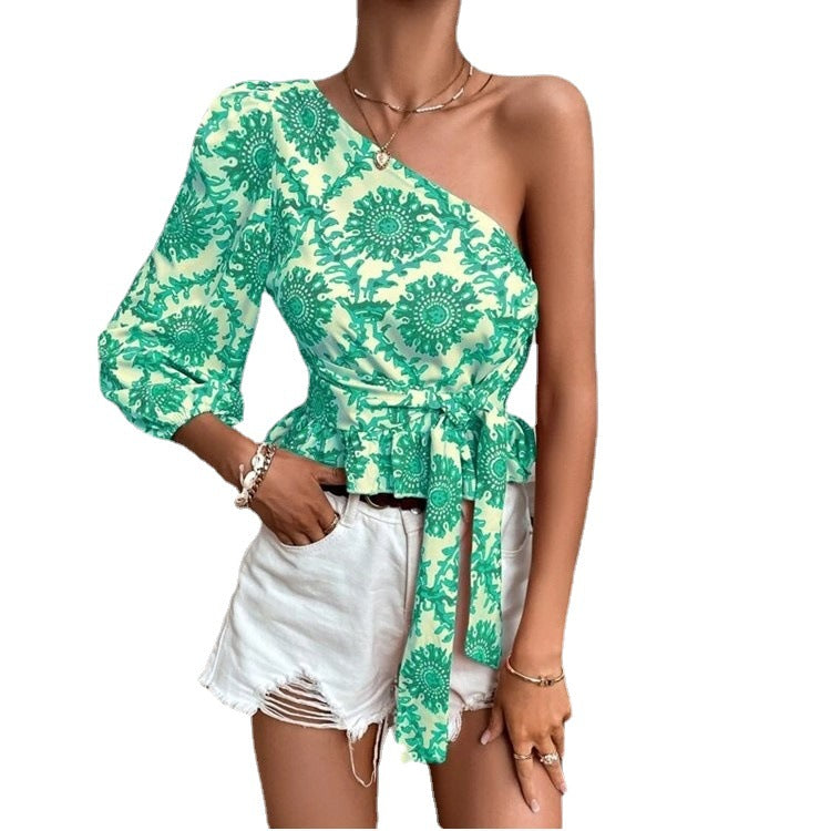 Damen asymmetrisches Oberteil mit dekorativem Bindegürtel und ballonförmigen Ärmeln R&B