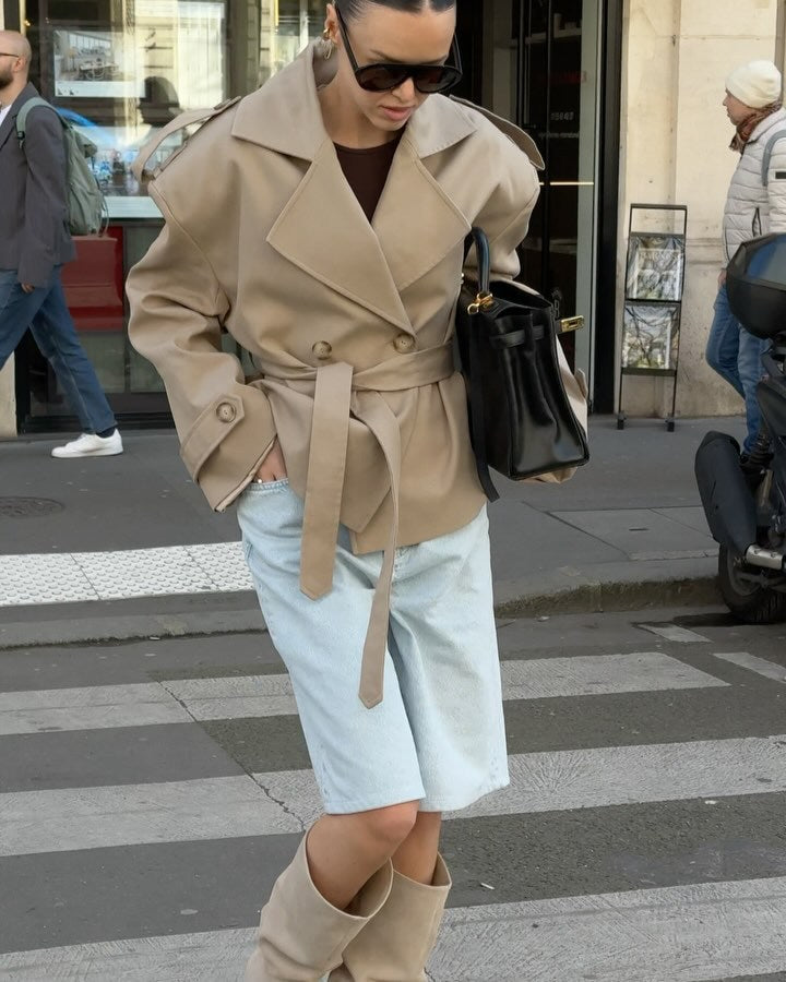 Damen Trenchcoat mit breiten Schultern und Taillengürtel R&B
