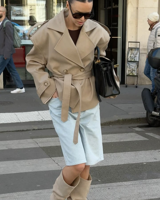Damen Trenchcoat mit breiten Schultern und Taillengürtel R&B