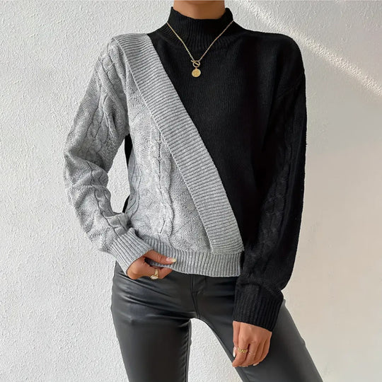 Damen modischer Strickpullover mit asymmetrischem Zopfdesign und hohen Kragen R&B