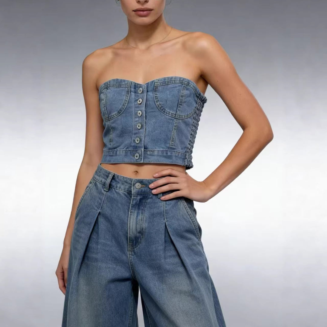 Damen Denim Bustier-Oberteil mit Knopfdetails und tailliertem Schnitt R&B