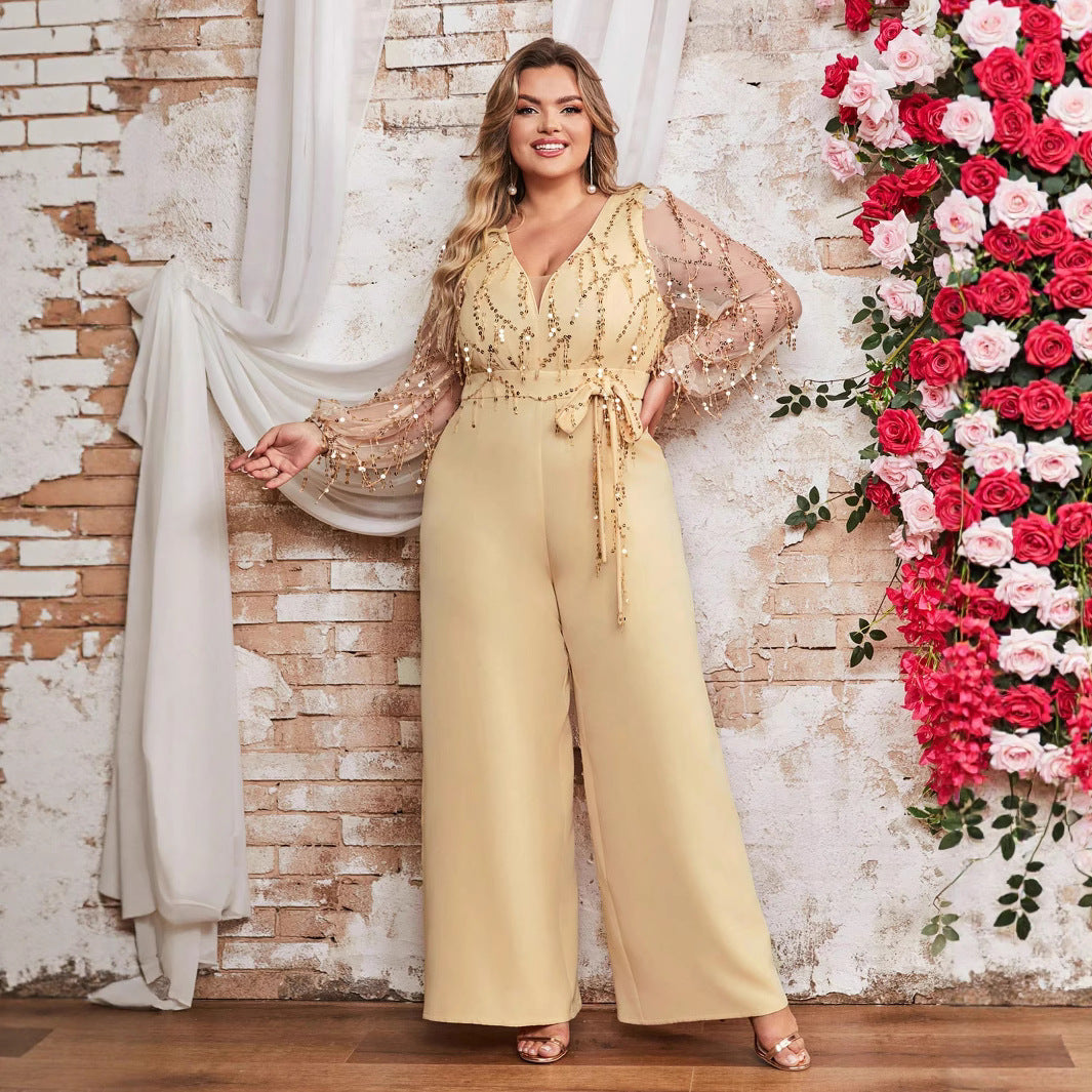 Damen Jumpsuit mit funkelnden Verzierungen und transparenten Ärmeln R&B