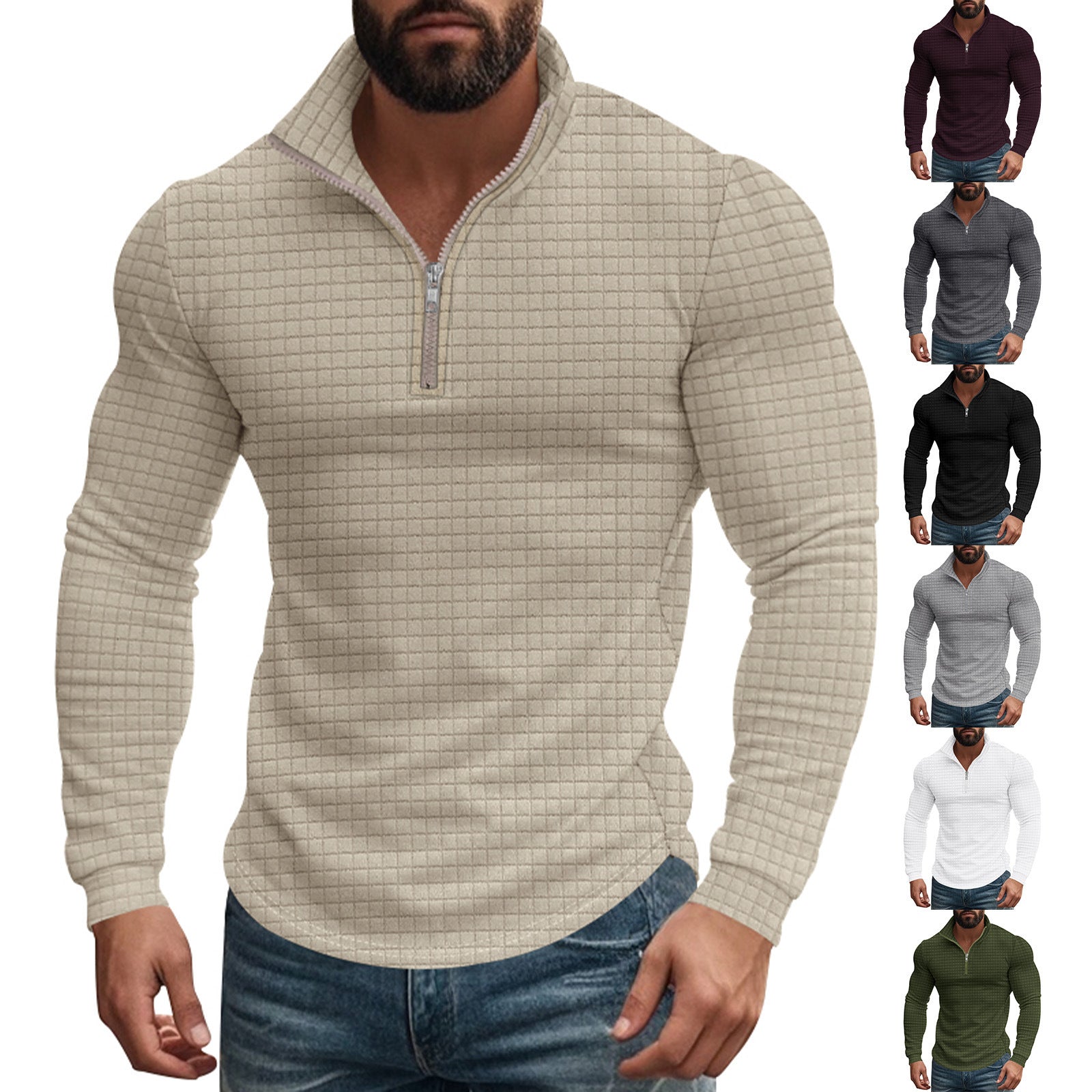 Herren eleganter Stehkragenpullover mit Reißverschluss und strukturiertem Design R&B