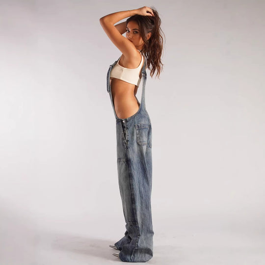 Damen lässige Denim-Latzhose mit oversized Schnitt und praktischen Taschen R&B