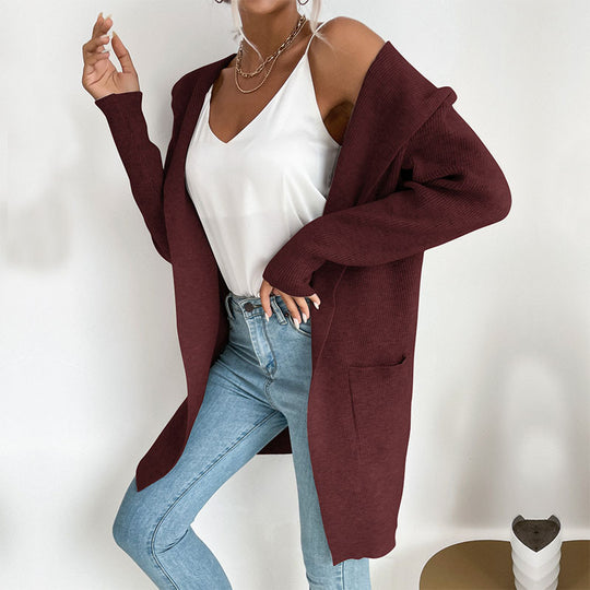 Damen Langärmlige Strickjacke mit Kapuze und seitlichen Taschen R&B