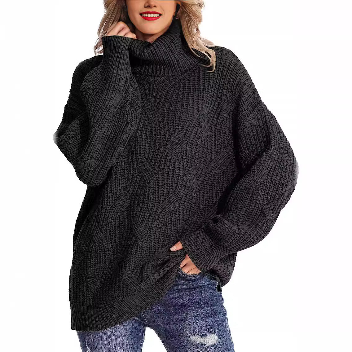 Damen Grobstrickpullover mit hohem Kragen und strukturiertem Zopfmuster R&B