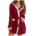 Damen kuscheliger Fleece-Bademantel mit Kapuze und Taschen