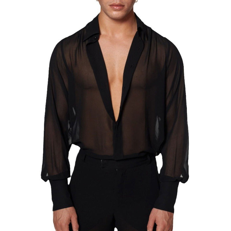 Damen nan semi-transparente Langarm-Chiffonbluse mit Hemdkragen und breiten Manschetten R&B